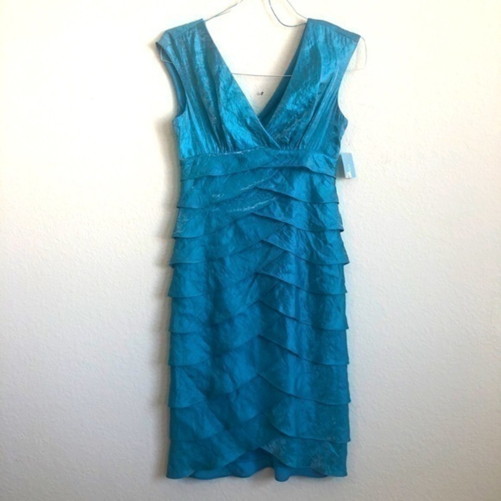 London Times Dress Iridescent Blue Sleeveless Satin Sheer Party Formal NWT